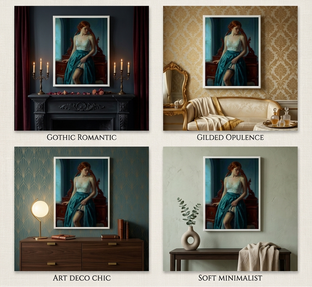 A Neo-Classical themed Boudoir painting with high detail where a woman with red hair reclines against a boudoir in various decor schemes.