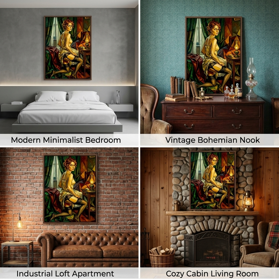 Cubist style boudoir painting of a woman in stockings kneeling beside her bed earthy tones and vintage imagery set in varous Decor.