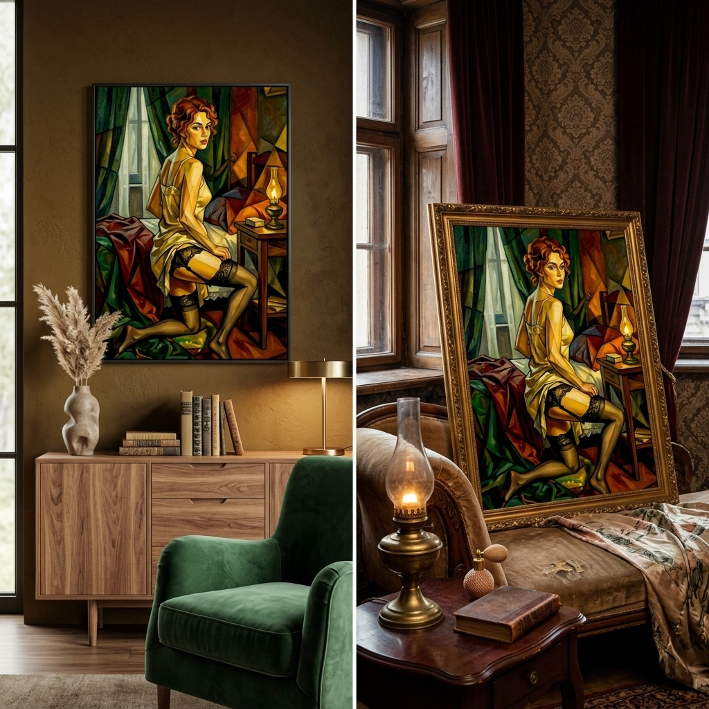 Cubist style boudoir painting of a woman in stockings kneeling beside her bed earthy tones and vintage imagery set in varous Decor.