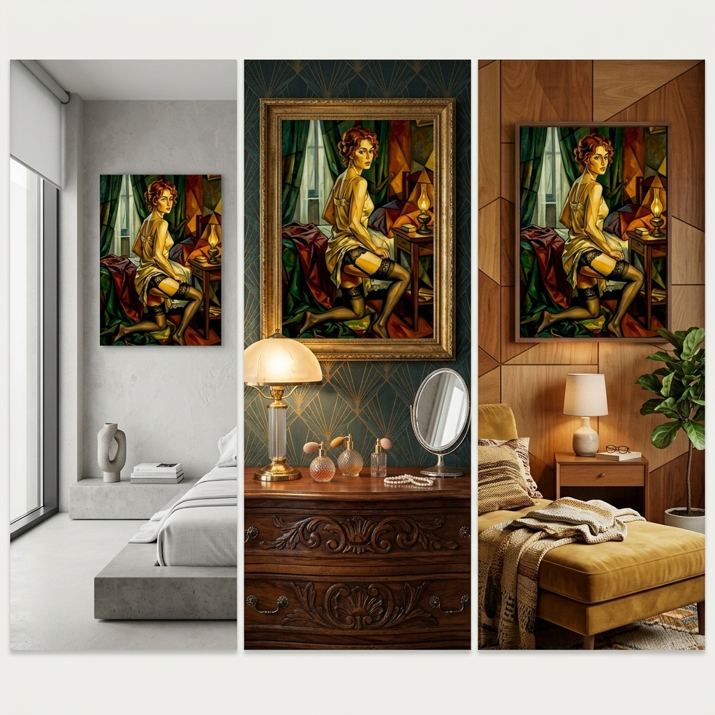 Cubist style boudoir painting of a woman in stockings kneeling beside her bed earthy tones and vintage imagery set in varous Decor.