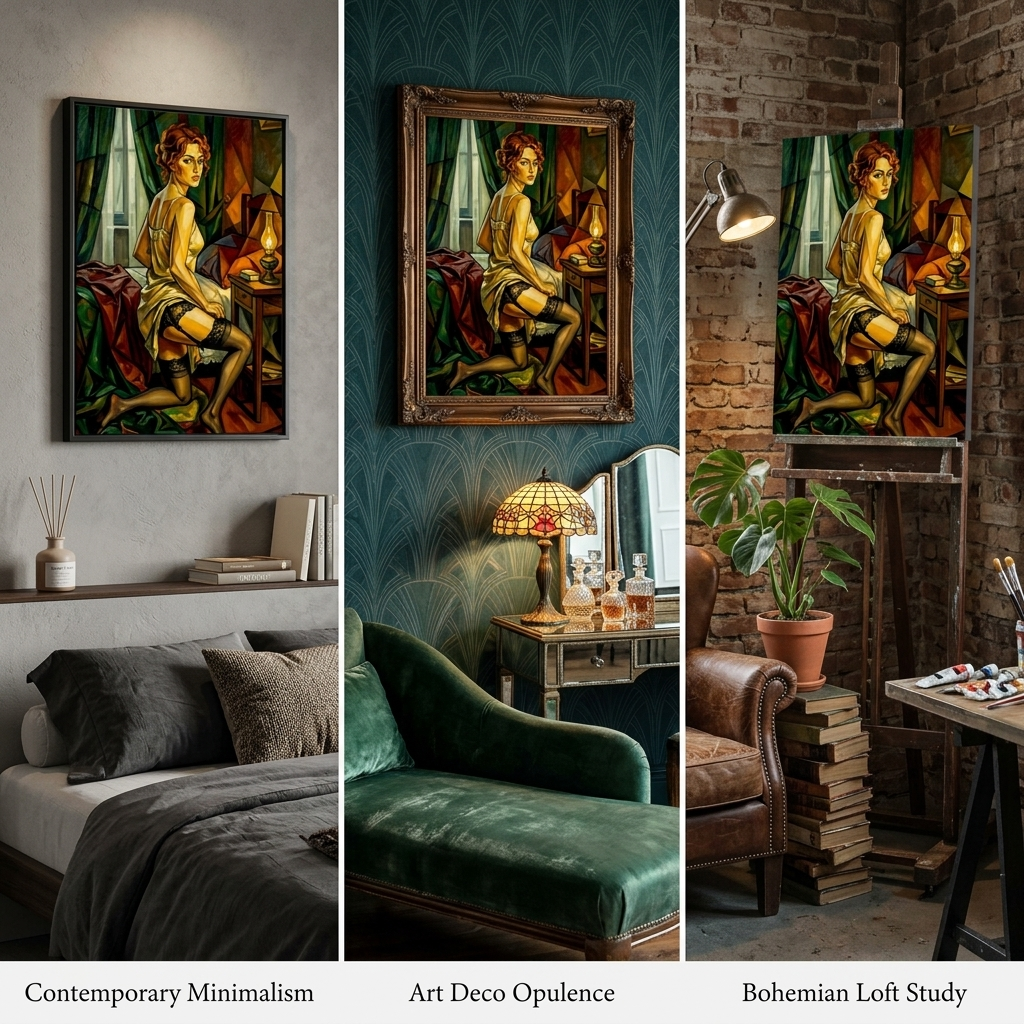 Cubist style boudoir Print of a woman in stockings kneeling beside her bed earthy tones and vintage imagery set in various decor.