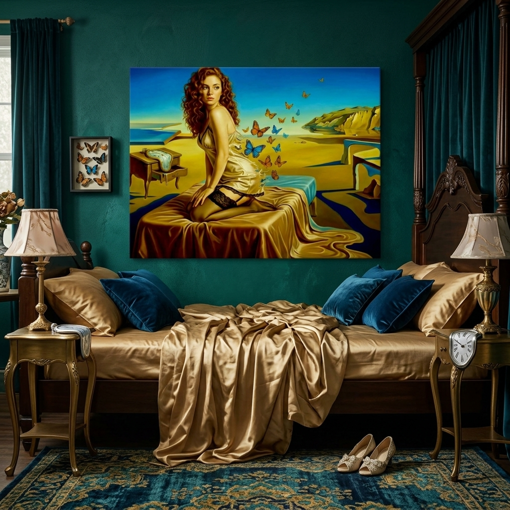 Salvador Dali style Boudoir painting of a woman waiting on a bed in surrealistic landscape surroundings in a classically appointed bedroom.