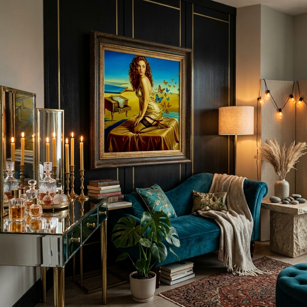 Salvador Dali style Boudoir painting of a woman waiting on a bed in surrealistic landscape surroundings in an art deco nook.