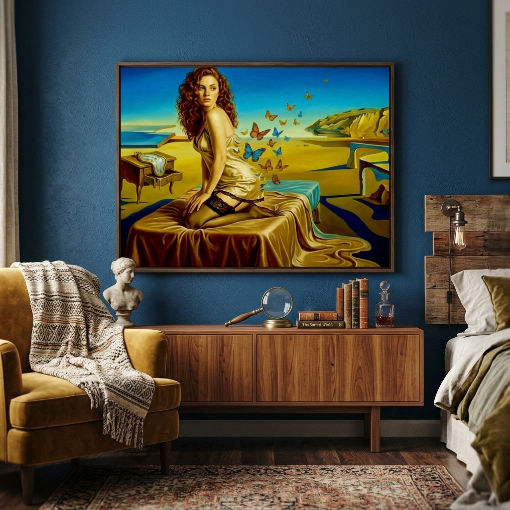 Salvador Dali style Boudoir painting of a woman waiting on a bed in surrealistic landscape surroundings in an earth toned bedroom.