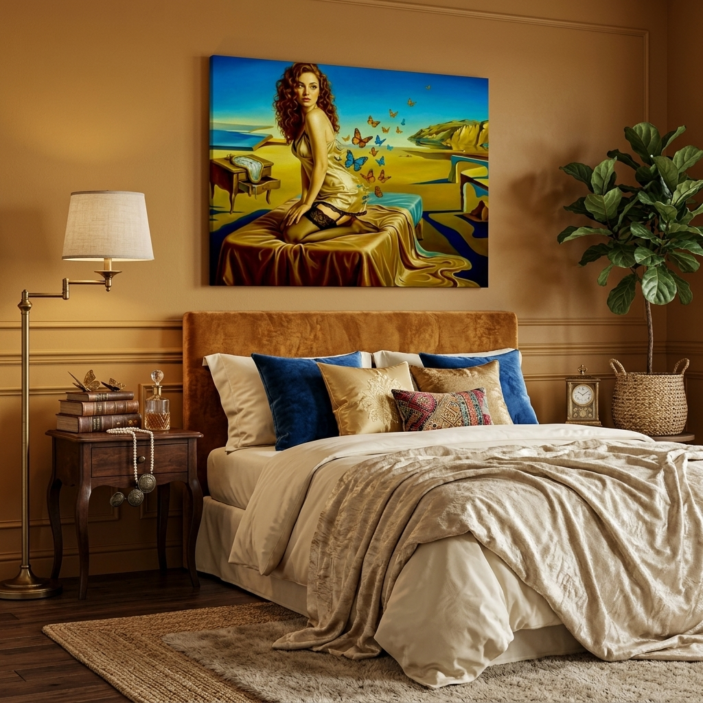 Salvador Dali style Boudoir painting of a woman waiting on a bed in surrealistic landscape surroundings in an art deco bedroom.