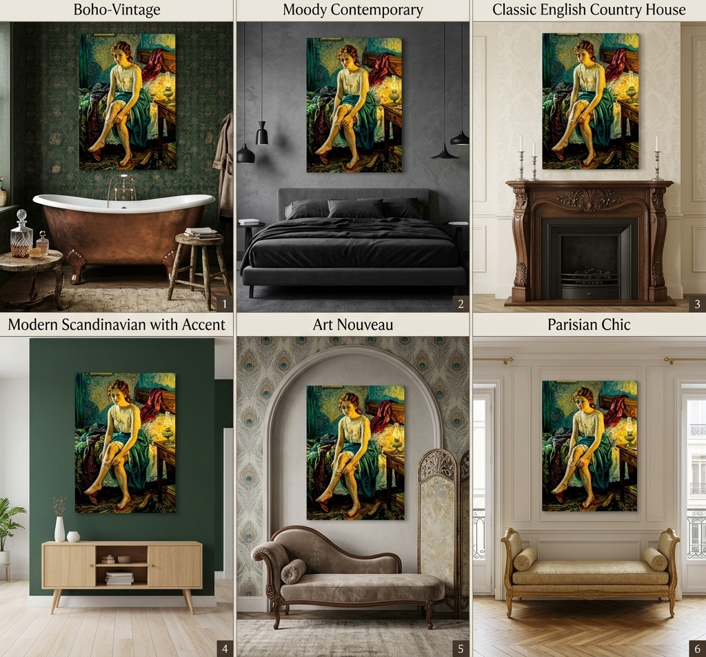 An Impressionist styled Boudoir painting of a woman sitting on her bed pulling up a garter notable red and green colors in various Décor situations.