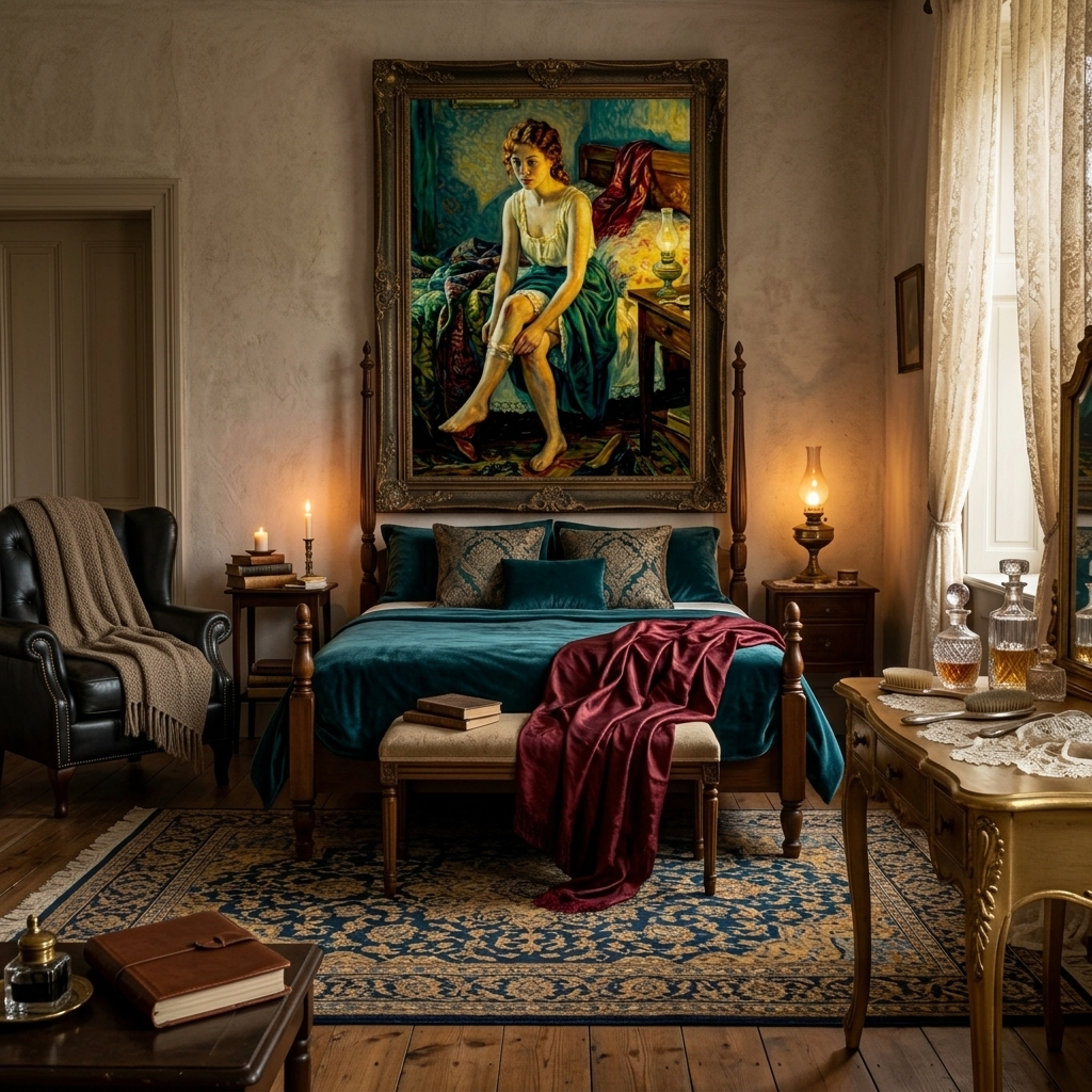 An Impressionist styled Boudoir painting of a woman sitting on her bed pulling up a garter notable red and green colors in a classic Victorian style bedroom.