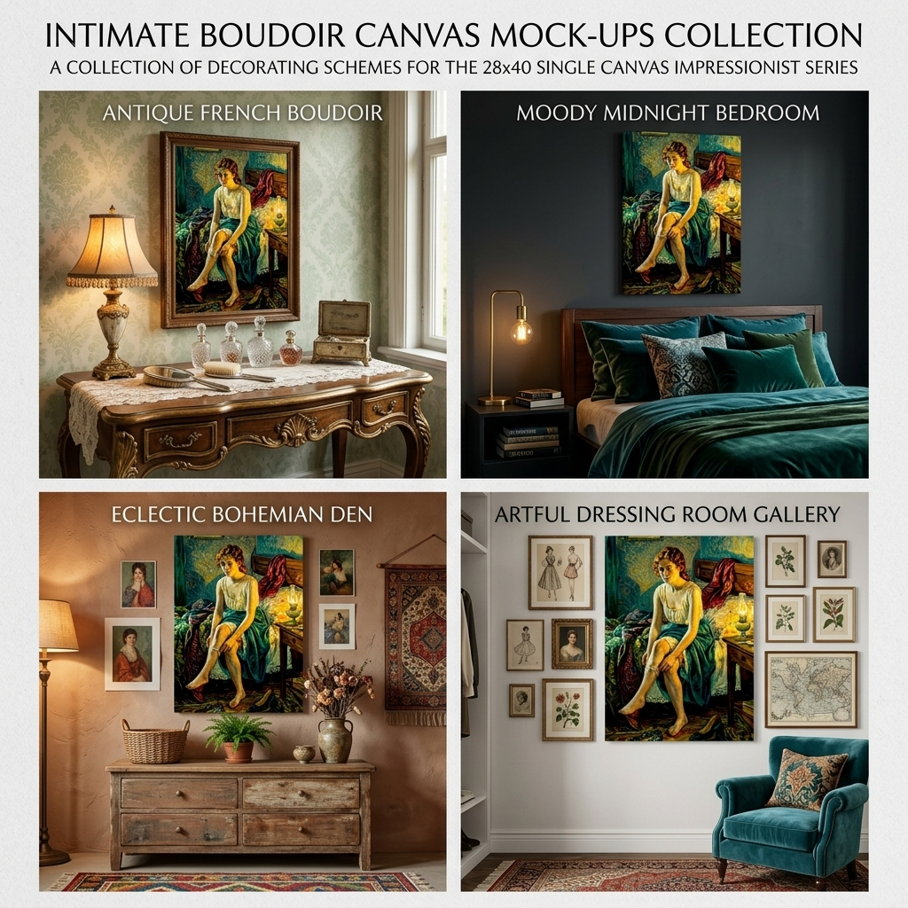 An Impressionist styled Boudoir painting of a woman sitting on her bed pulling up a garter notable red and green colors in various decor situations.