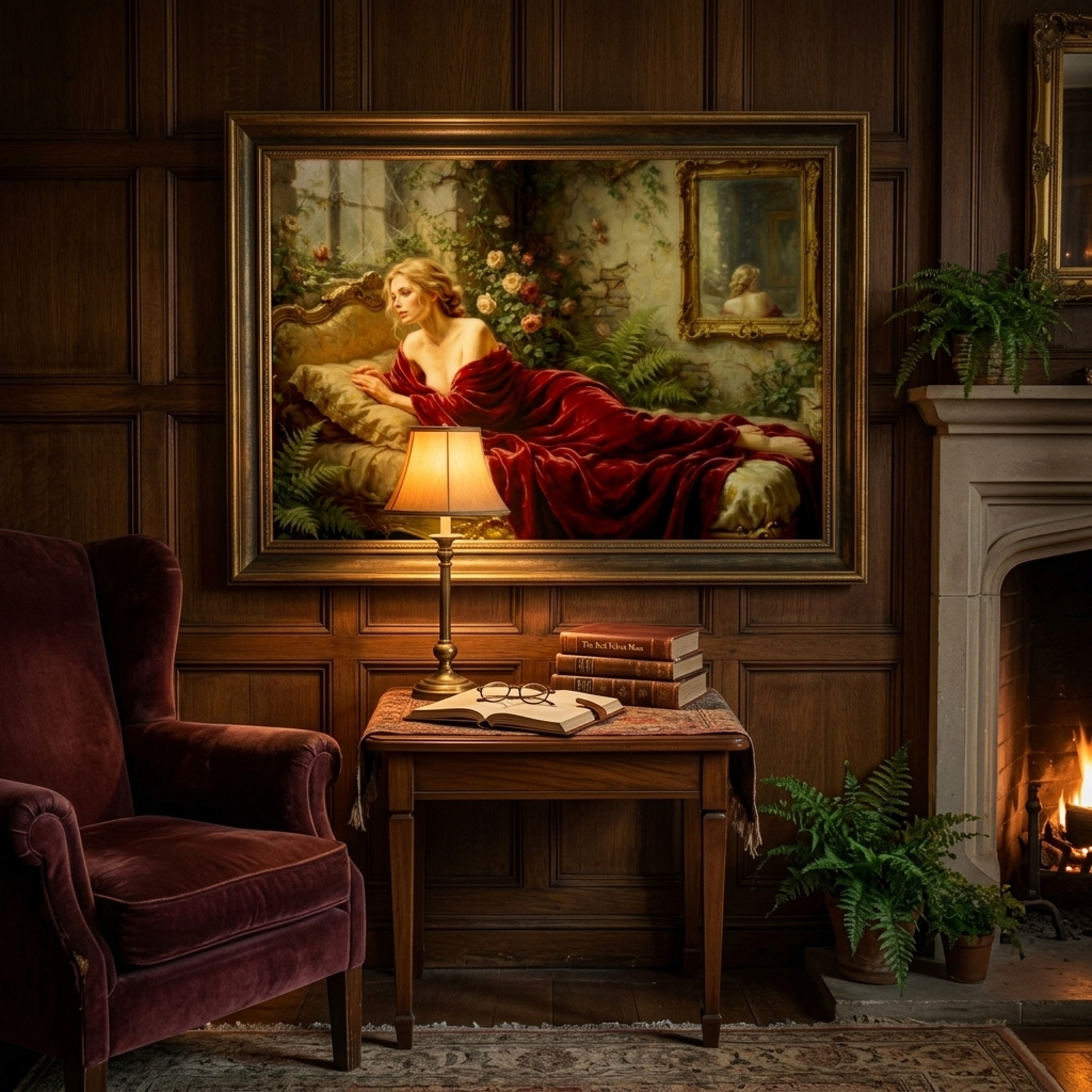 A large framed classical painting hangs on a dark wood-paneled wall above a small table with a lit lamp and books. The painting depicts a reclining woman in a flowing red dress in a lush garden setting.