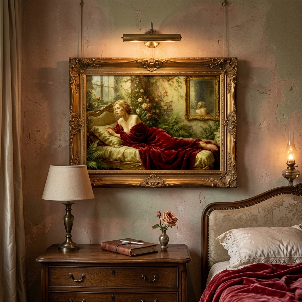 A large framed classical painting depicting a reclining woman in a red drape, hung on a textured wall above a wooden nightstand in a vintage bedroom setting with a lamp, book, and bed.