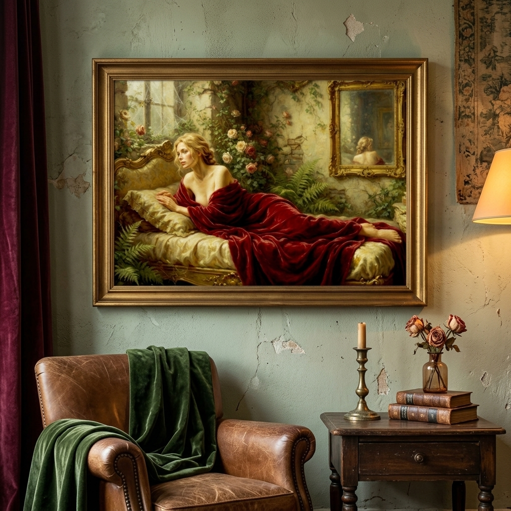 A framed classical painting hangs on a distressed green wall above a brown leather armchair and a small wooden side table with books, a candle, and a vase of roses.