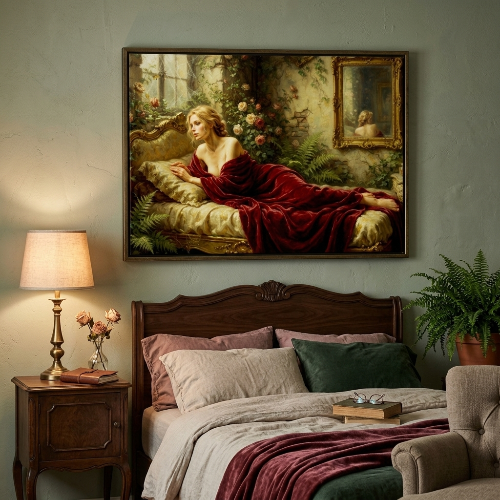 A framed classical painting of a reclining woman in a red drape hangs above a bed in a styled bedroom. The scene includes a wooden nightstand with a lit lamp, pillows, a book, and a potted fern.