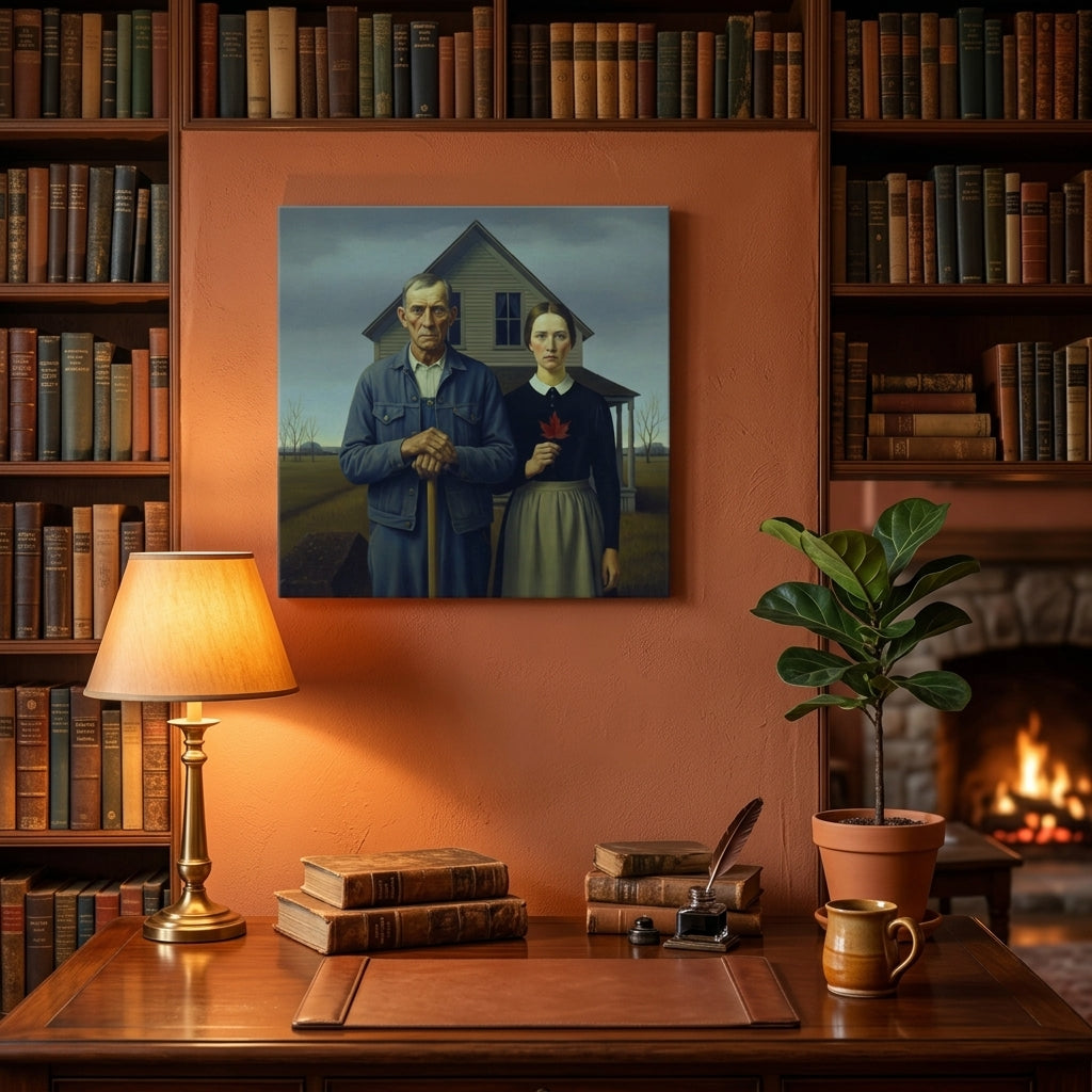 Room interior with bookshelves, a painting of a couple styled after Grant Wood's iconic American Gothic, a lamp, books, a plant, and a fireplace.