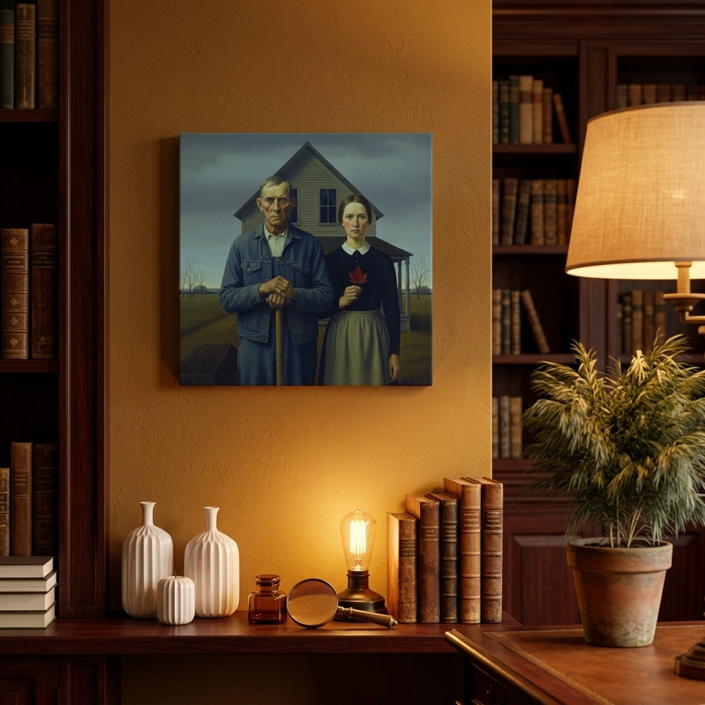Room interior with bookshelves, a painting of a couple styled after Grant Wood's iconic American Gothic, a lamp, vases, books, a plant, and a fireplace.