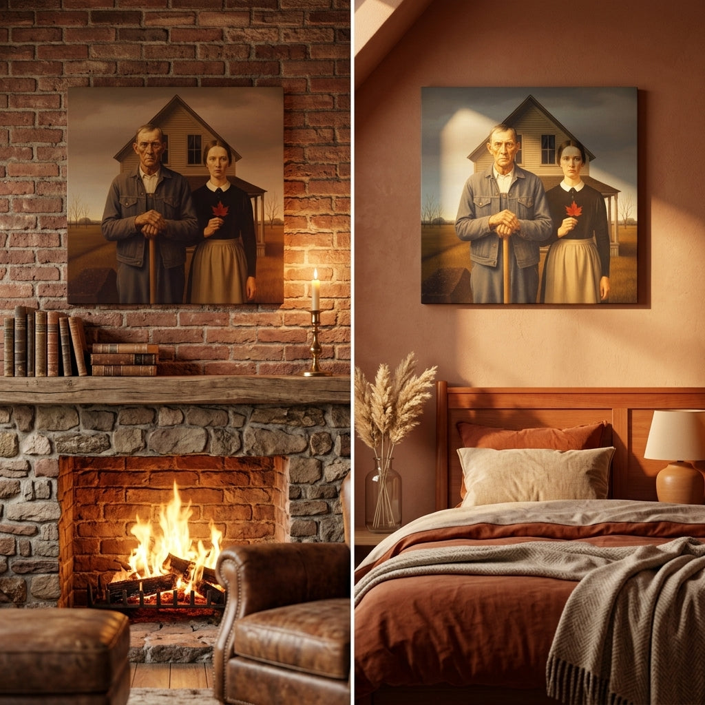 Two views of a painting of a couple in a rustic setting styled after Grant Wood's American Gothic, one in a home with a fireplace and the other in a bedroom.