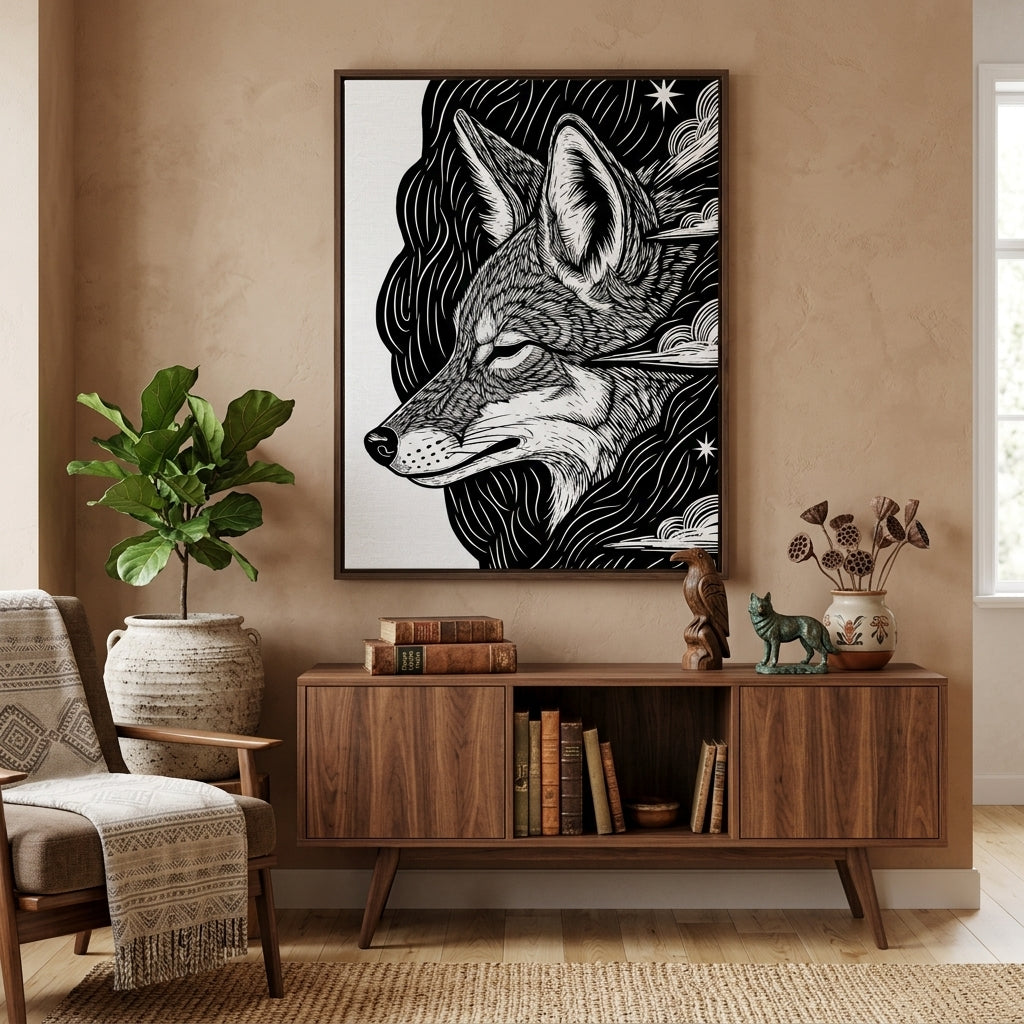 Living room with a wooden cabinet, armchair, and framed black and white Coyote inkart artwork on the wall.