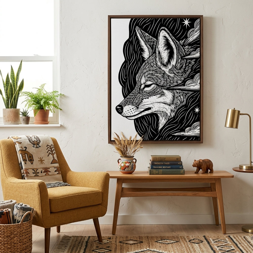 Living room with a yellow armchair, wooden coffee table, and framed black and white Coyote Inkart Canvas on the wall.