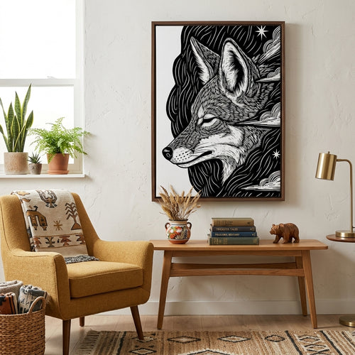 Living room with a yellow armchair, wooden coffee table, and framed black and white Coyote Inkart Canvas on the wall.