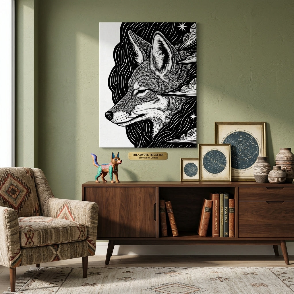 Living room with a Coyote Inkart artwork canvas on the wall, wooden cabinet with decor items, and armchair.