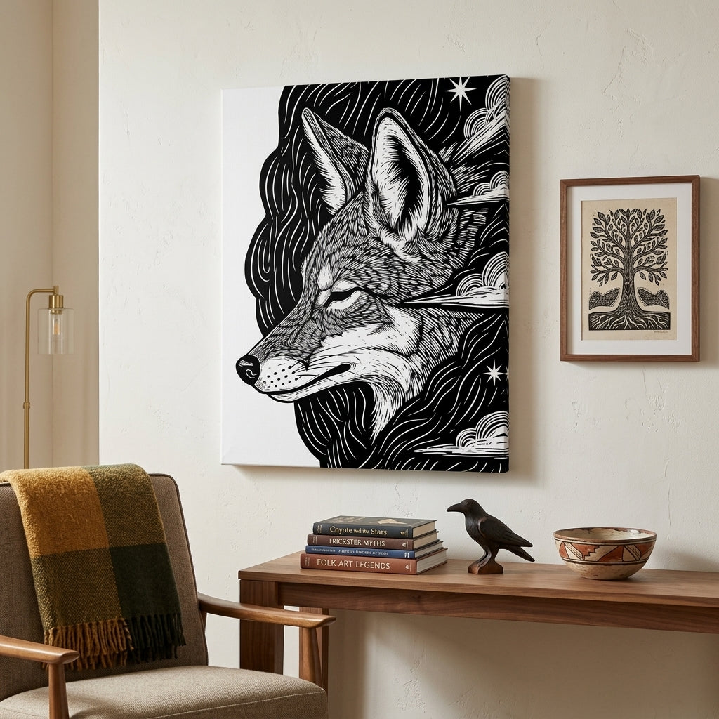 Framed artwork of a Coyote head on a wall above a wooden table with decorative items.