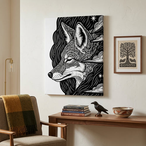 Framed artwork of a Coyote head on a wall above a wooden table with decorative items.