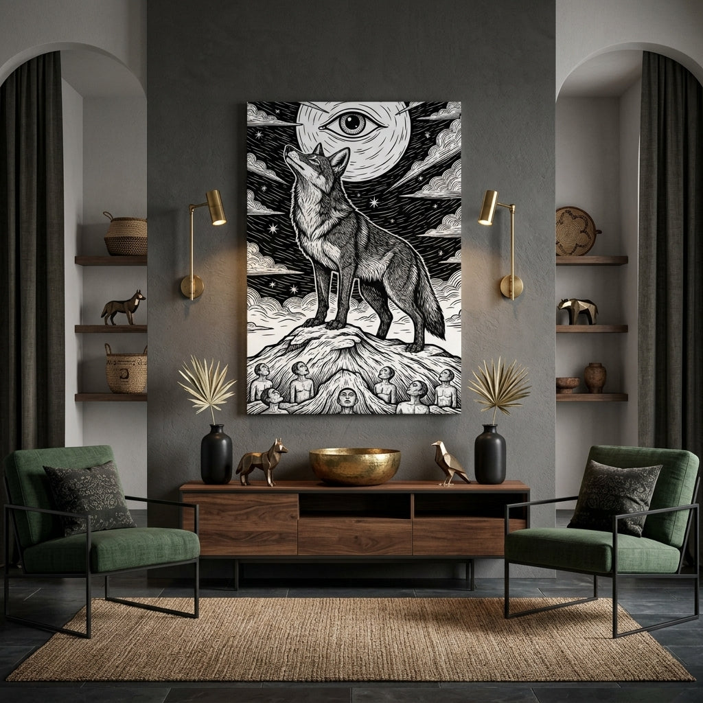 Modern living room with a Coyote Inkart painting on the wall, green chairs, and wooden shelves.
