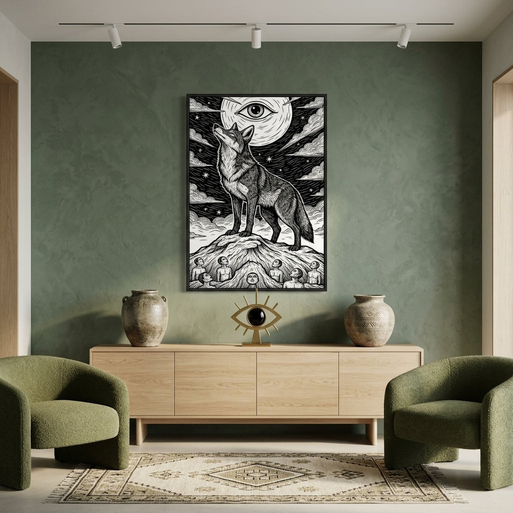 Living room with a coyote and moon illustration on the wall, green chairs, and wooden cabinet.