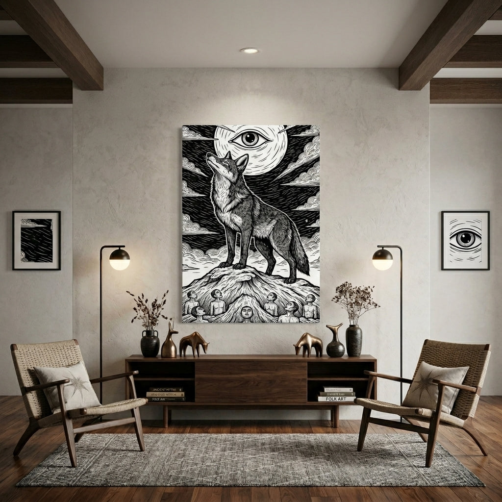 Modern living room with Black and white Coyote Inkart artwork on the wall