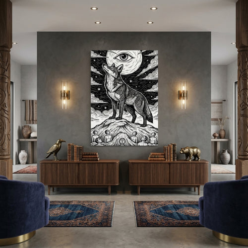 Modern interior with a large Inkart Canvas  of a Coyote and moon on a gray wall.