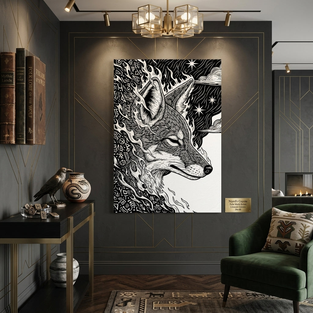 Decorative Canvas wall art of a Coyote's head in a modern living room setting.