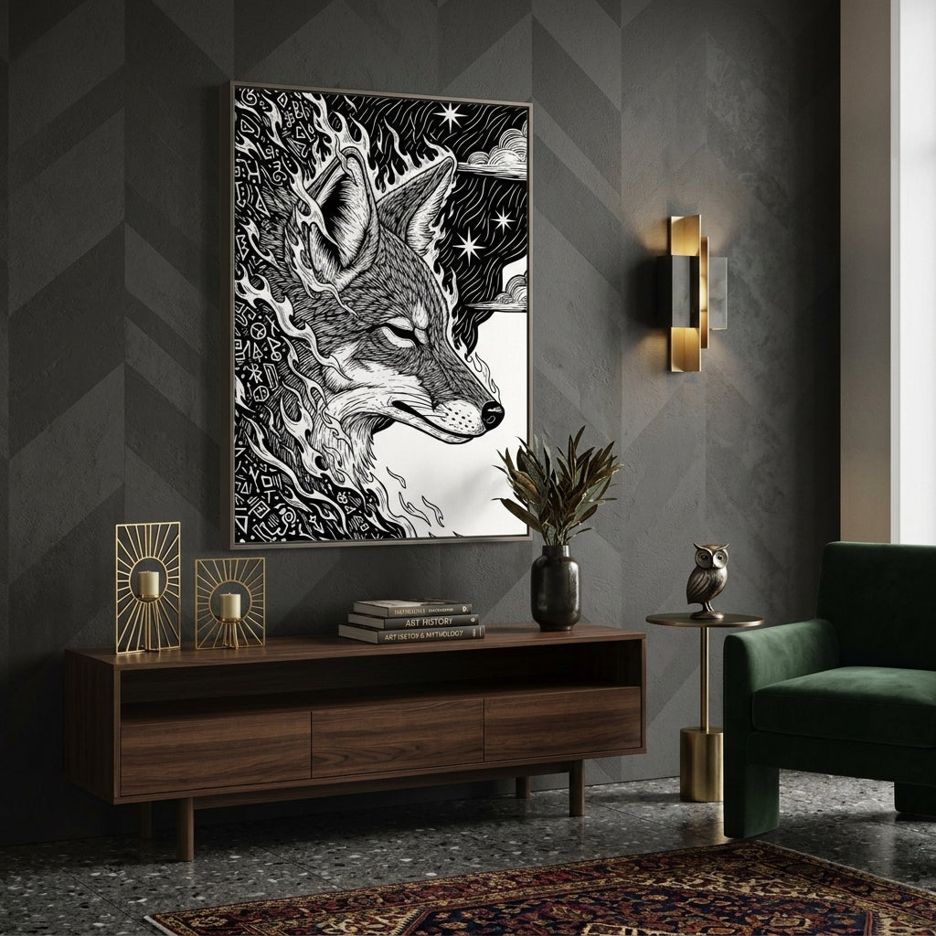 Modern living room with a decorative Canvas wall Inkart piece of a Coyote, wooden cabinet, and green sofa.