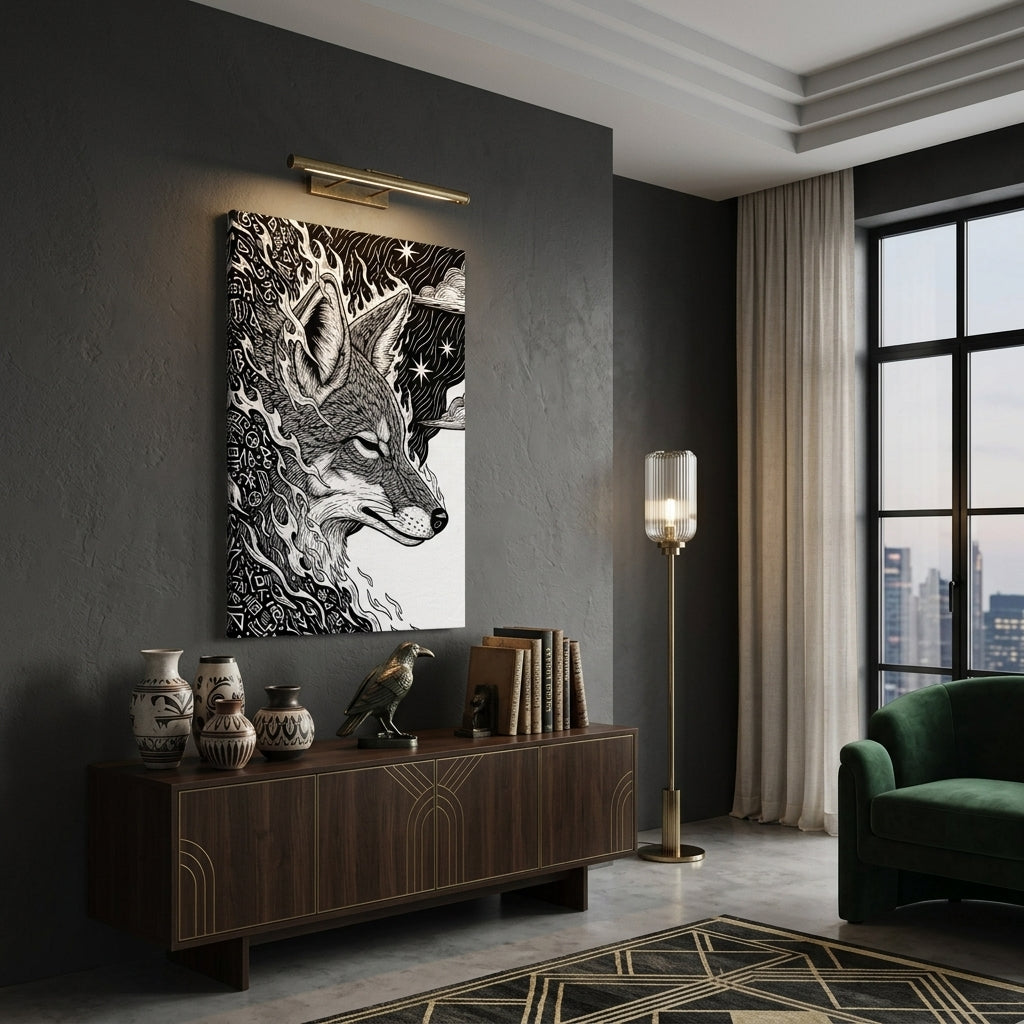 Modern living room with a Coyote Inkart artwork on the wall, a sideboard with decorative items, and a green sofa.