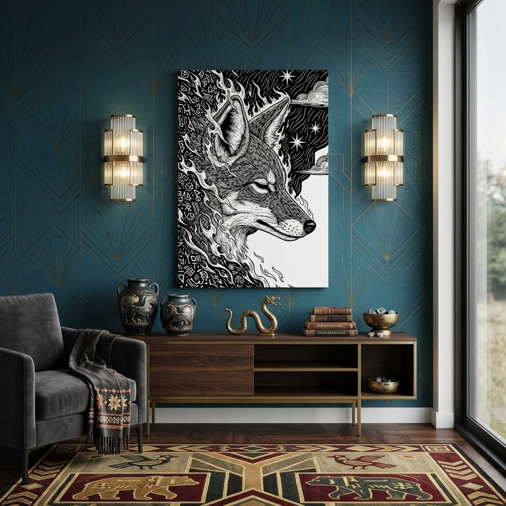 Art Deco Living room with a Coyote artwork Canvas on the wall, gray sofa, and decorative items.