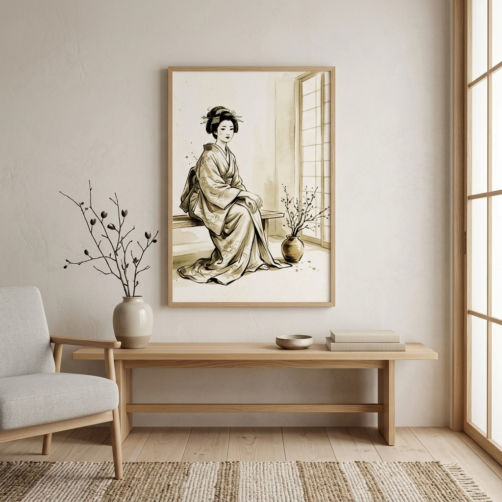 A framed art print depicting a Japanese geisha in a beige kimono, displayed on a light beige wall above a wooden console table in a modern, minimalist living room setting.