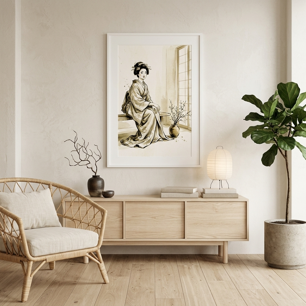 A framed art print featuring a vintage illustration of a woman in a kimono hanging on a beige wall above a light wood console table in a styled living room.