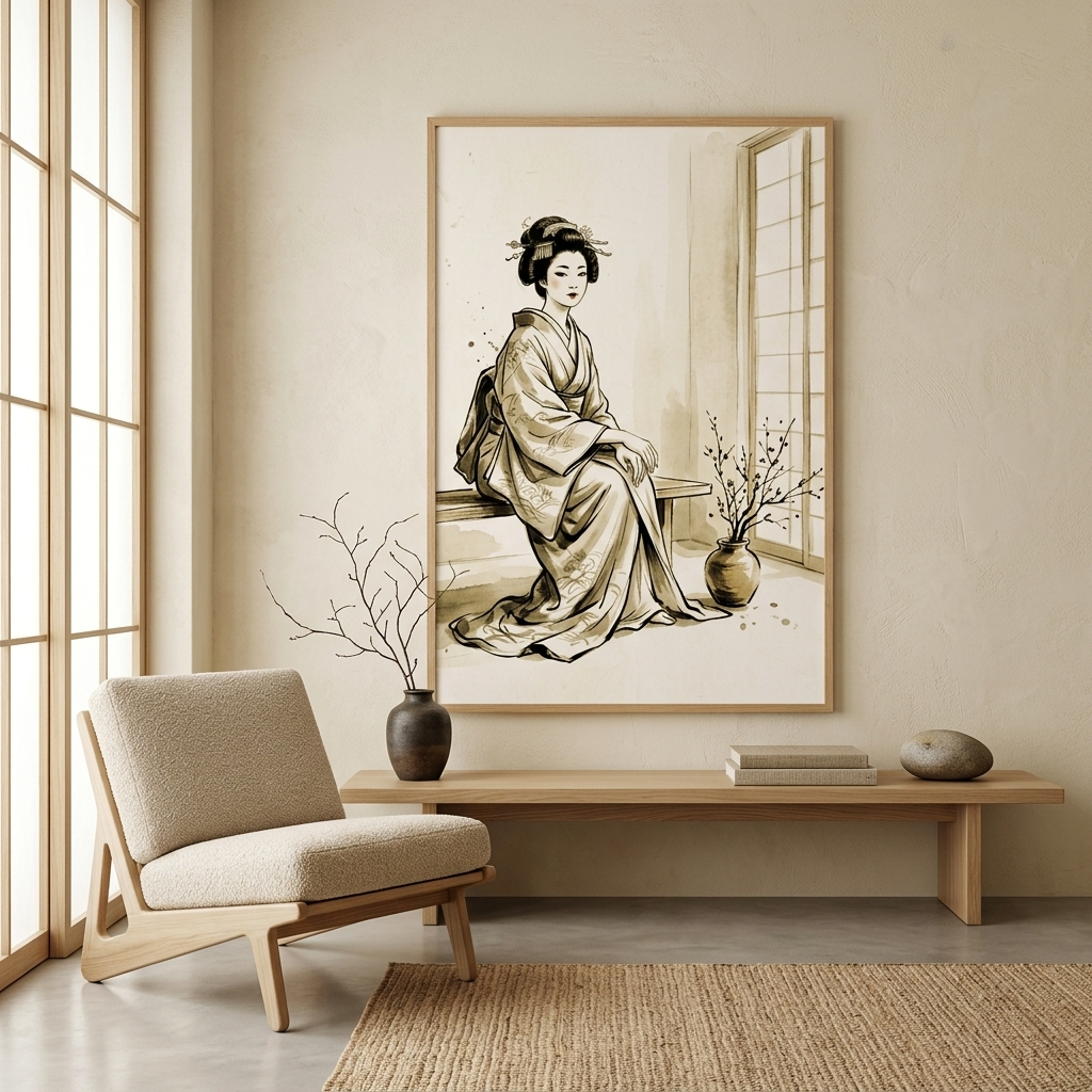 A framed art print depicting a woman in a kimono sitting by a window, displayed on a beige wall in a modern, minimalist room with a wooden bench, chair, and window.