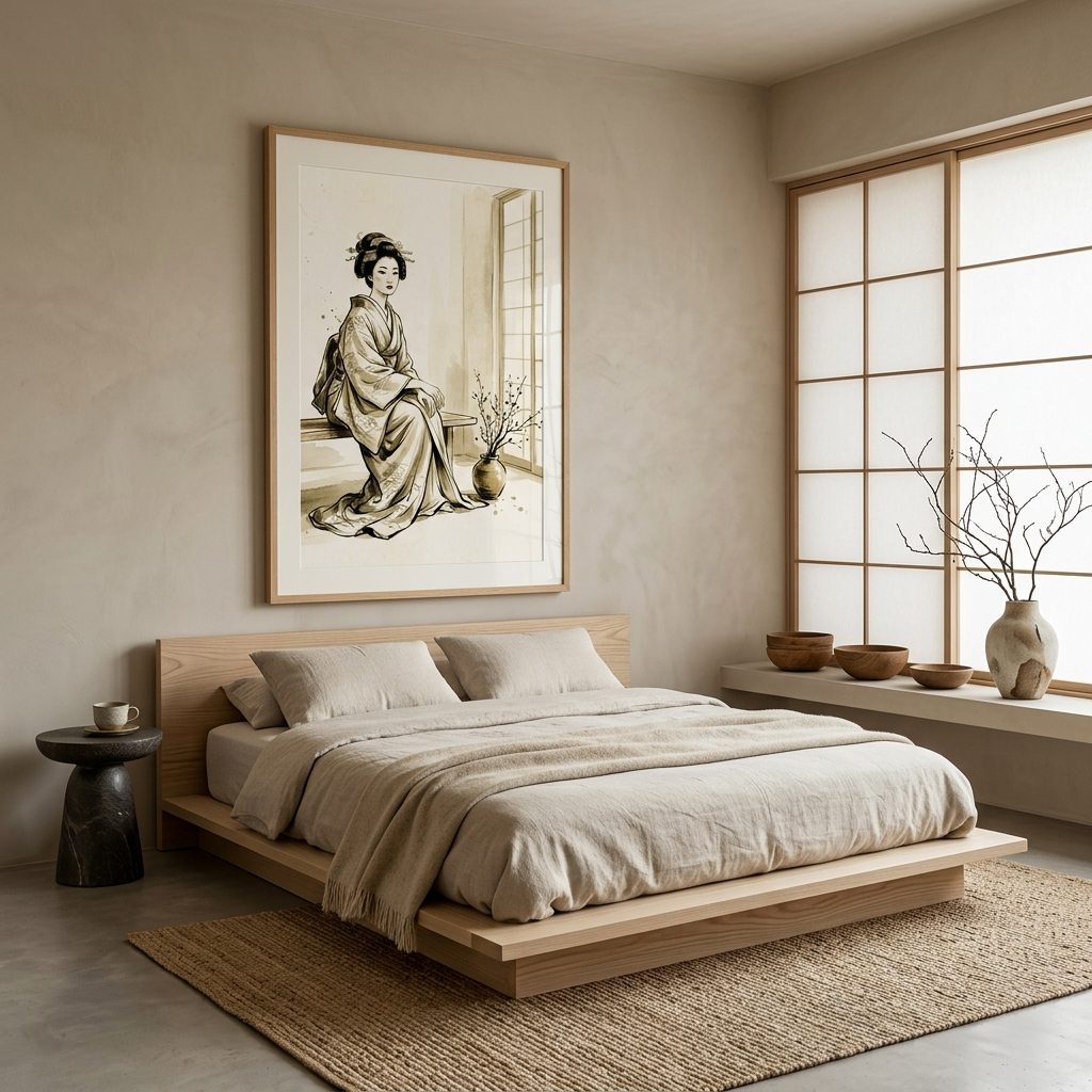 A minimalist bedroom with a low wooden platform bed, beige linens, a woven rug, and a large framed black-and-white artwork of a seated woman hanging on the wall above the bed.