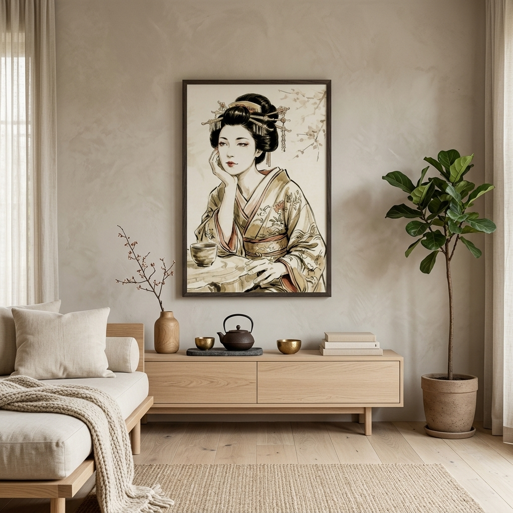 A framed vertical art print of a traditional Japanese woman in a kimono, displayed on a textured beige wall above a light wood console table in a modern, minimalist living room.