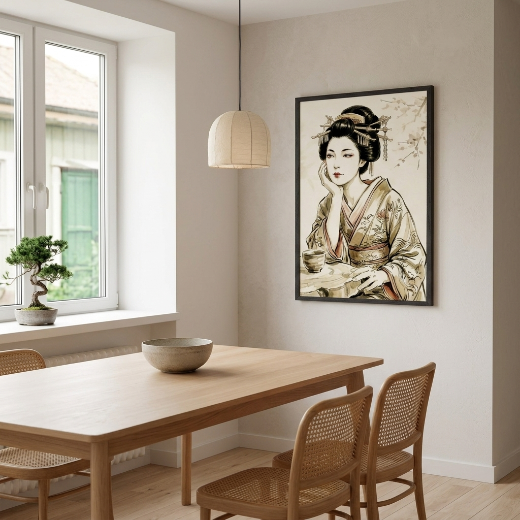 A framed vertical art print of a Japanese geisha hangs on a beige wall in a modern dining room setting with a wooden table and chairs.