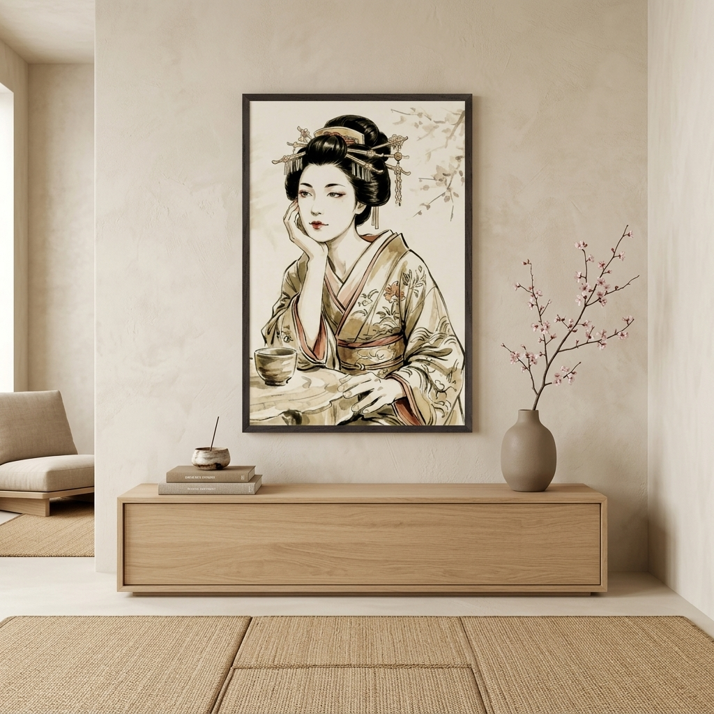 A framed vertical art print depicting an elegant Japanese woman in a kimono seated at a table, displayed on a beige wall above a light wood console table in a minimalist interior setting.