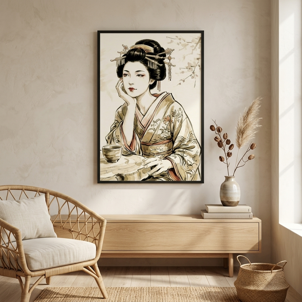 A framed vertical art print of a Japanese woman in a kimono hanging on a beige wall above a light wood console table, styled with a woven chair, books, a vase with dried grass, and a basket in a sunlit room.