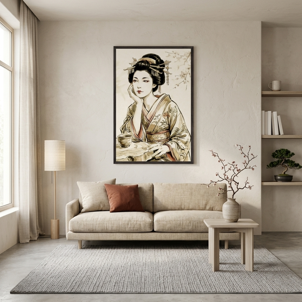 A framed vertical art print of a Japanese geisha in a beige kimono hangs on a light beige wall above a modern beige sofa in a styled living room.