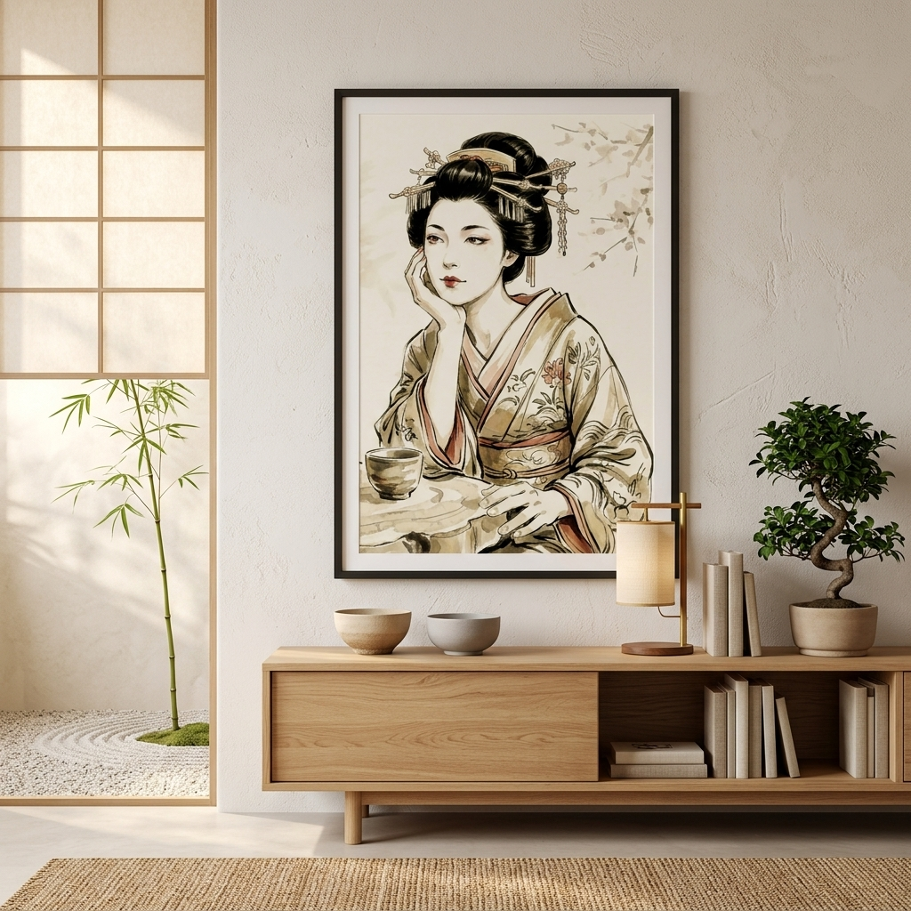 A framed vertical art print of a traditional Japanese geisha in a beige kimono, displayed on a light beige wall above a wooden console table in a styled room setting.