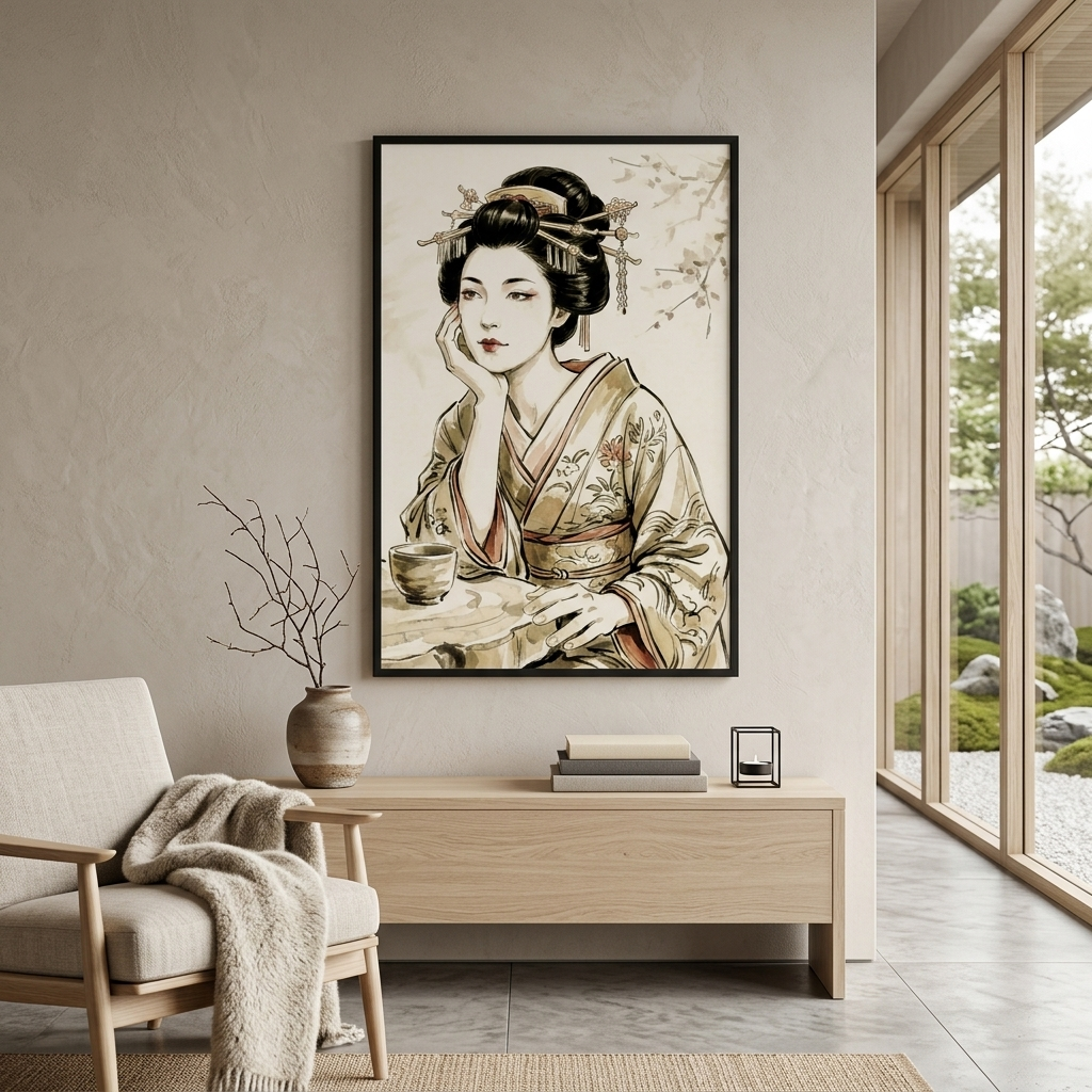 A framed vertical art print depicting a traditional Japanese woman in a kimono, displayed on a beige wall in a modern minimalist living room setting.