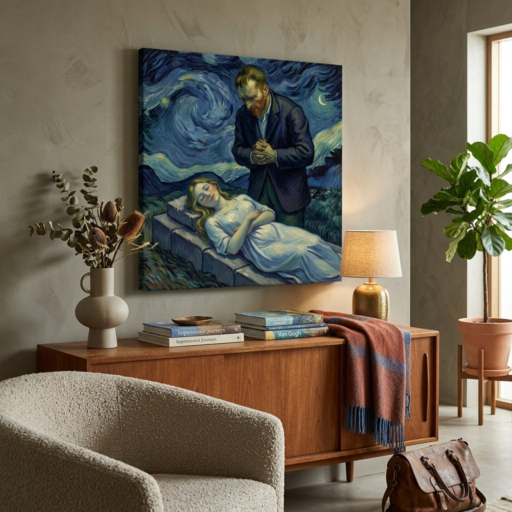 Living room with books, and a lamp and a neo impressionist print Canvas on the wall.