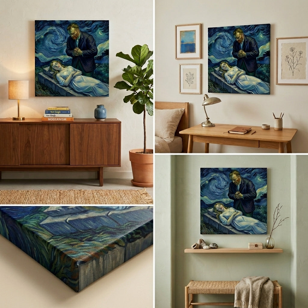 Collage of a room with Van Gogh style neo impressionist canvas displayed in various settings.