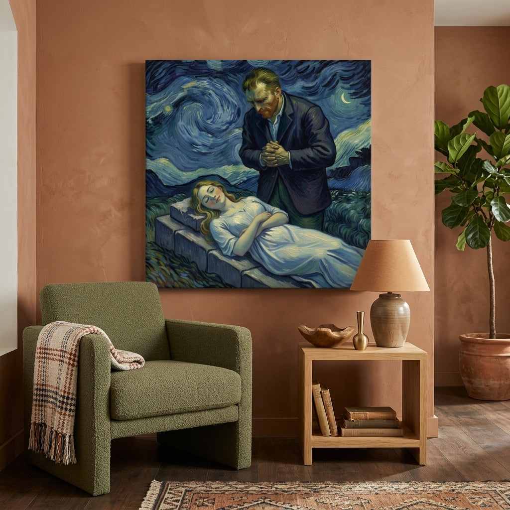 Room interior with a green armchair, wooden side table, and a neo impressionist print Canvas on the wall.