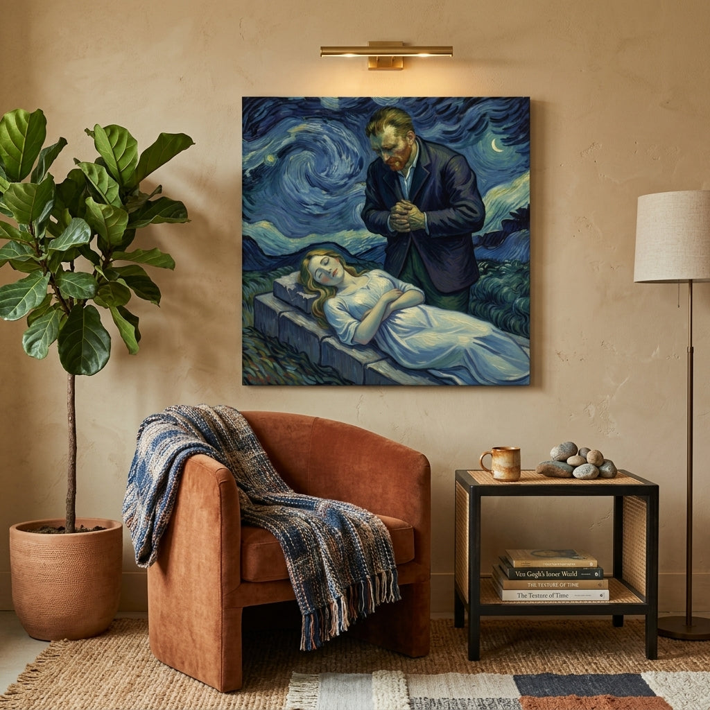 Living room with and a neo impressionist print Van Gogh style Canvas on the wall, a brown armchair with a blanket, and a side table with a lamp.