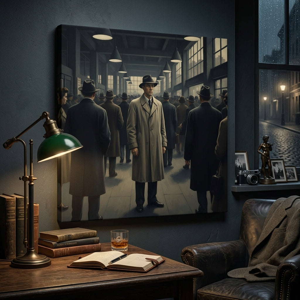 A Print Canvas of a man in a trench coat standing in a busy commuter scene with a lamp and books on a table.