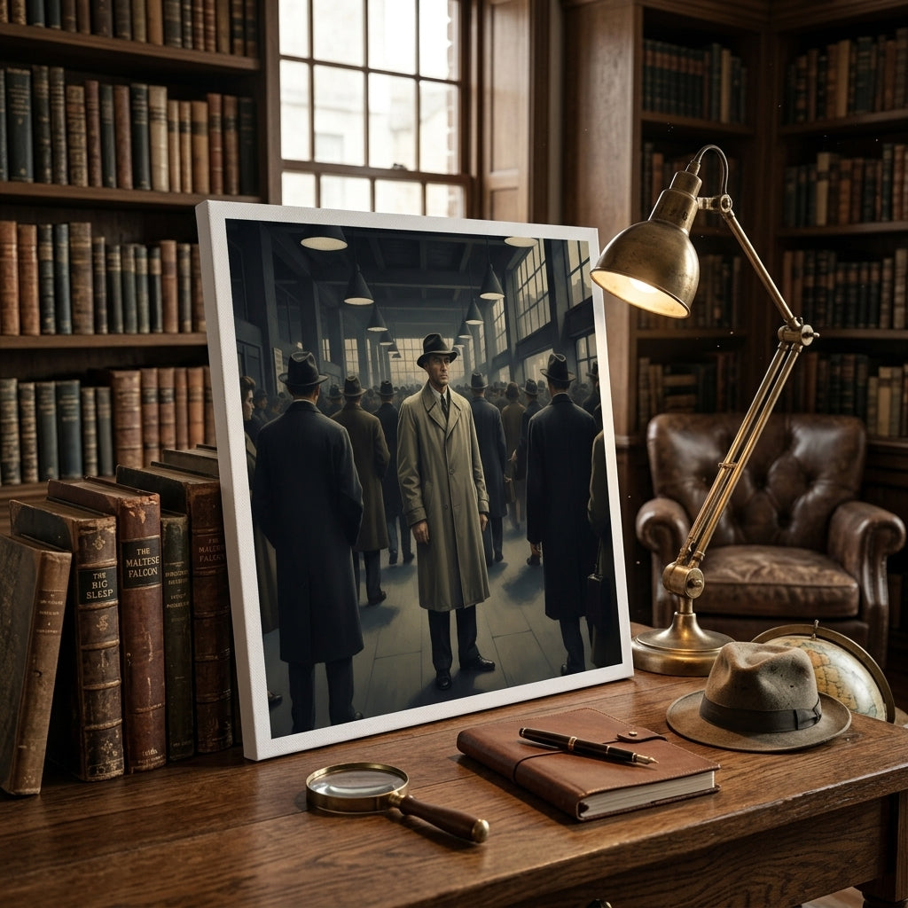 Framed canvas print of people in a station set on a wooden desk with books and a lamp in a study setting.
